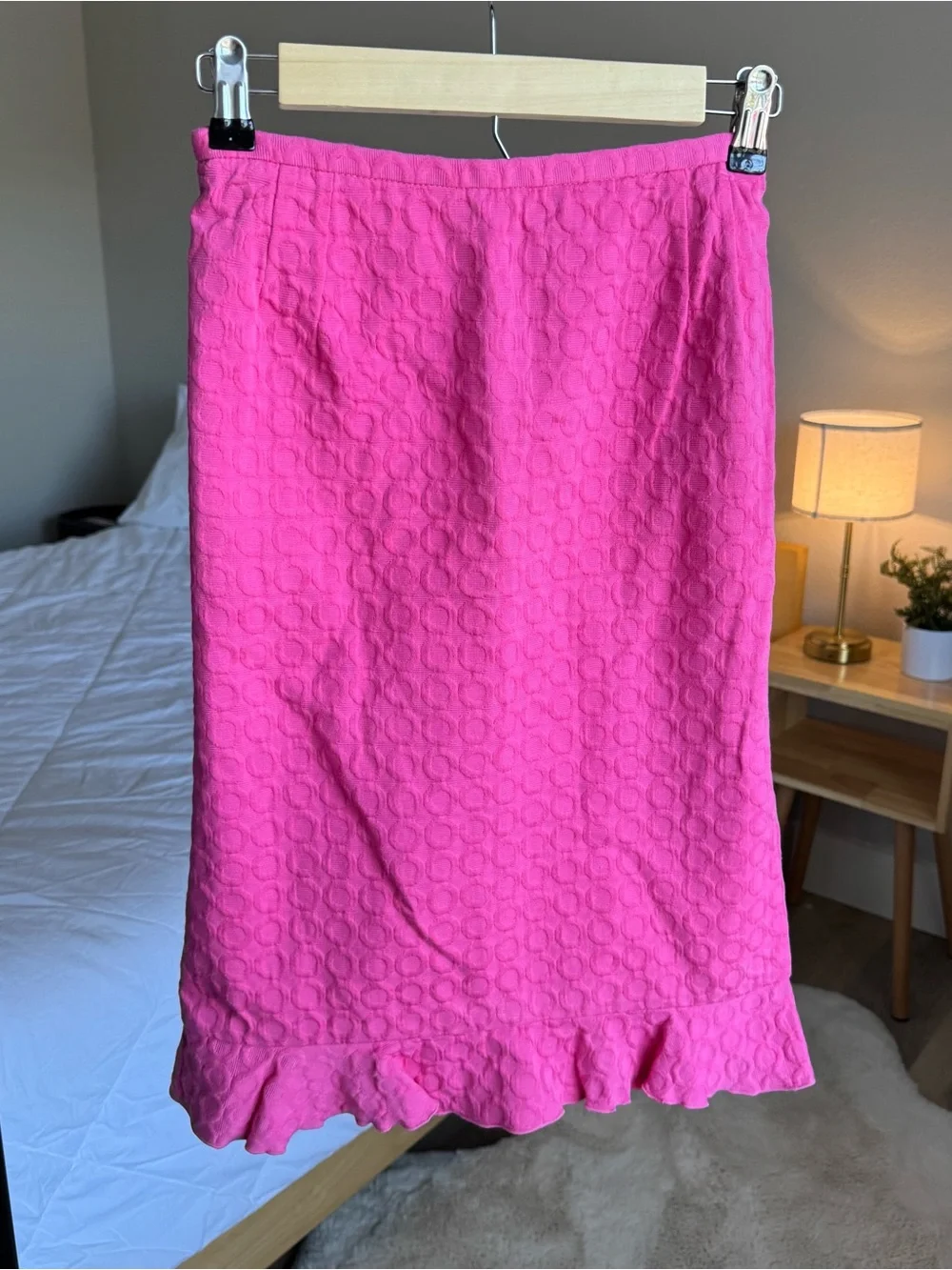 Danny & Nicole Bright Pink Textured Ruffle Collar Blouse and Skirt Set